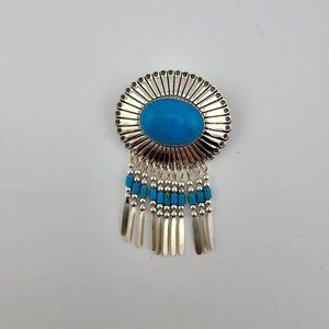 Vintage Sterling Silver Native American Turquoise Tassel Pin/Brooch By Q.T.